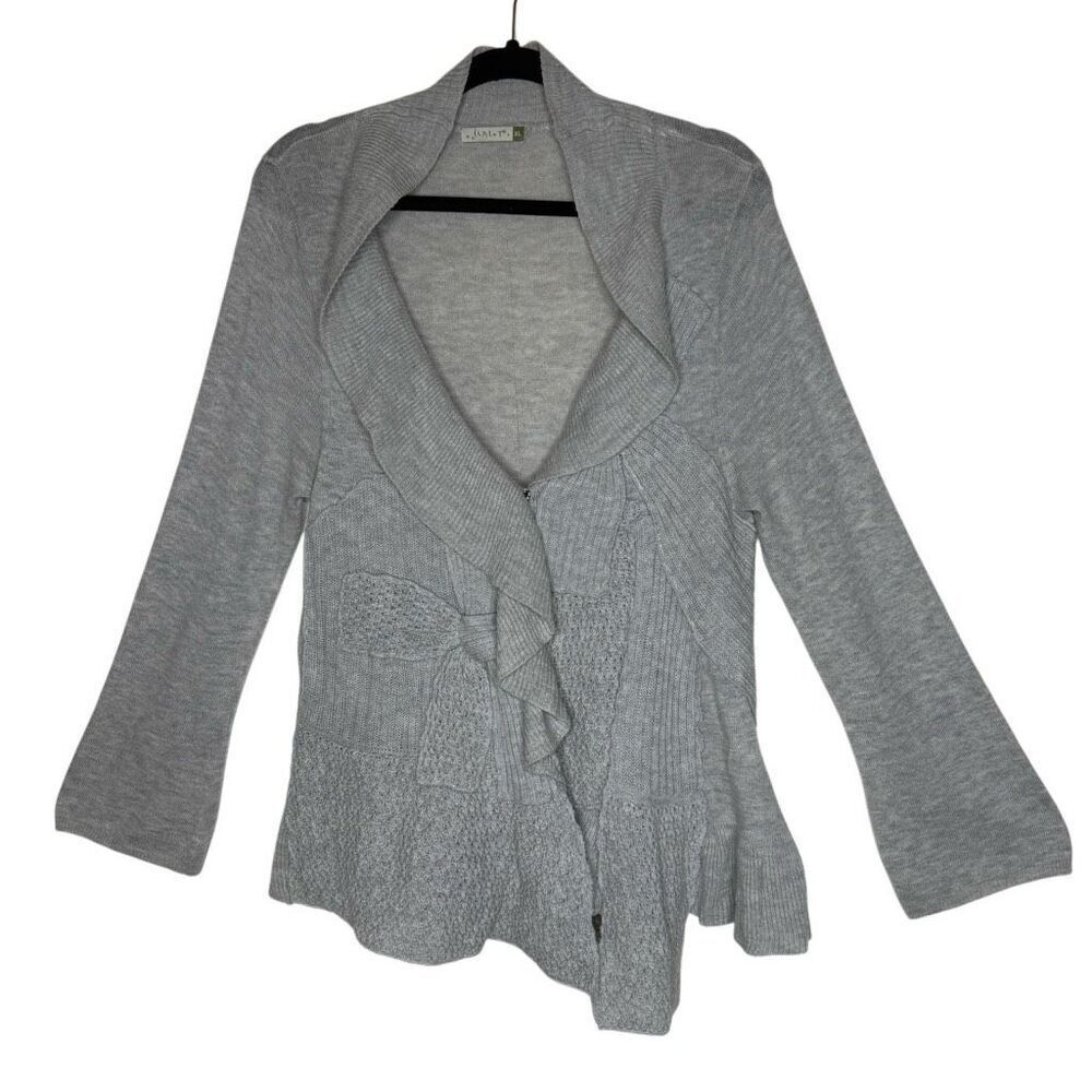 Chalet Gray Wool Blend Ruffled Mix Stitch Bow Detail Cardigan Sweater Size XL